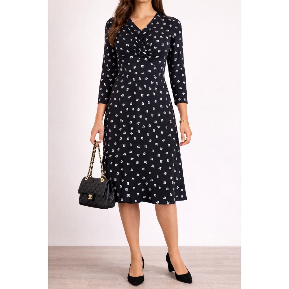 Lauren Ralph Lauren Black Geometric Print Long Sleeve Fit & Flare Dress Size 10